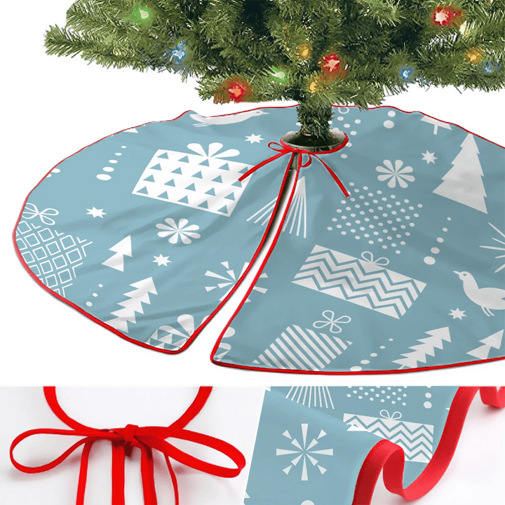 Abstract Geometric Gifts Box Trees Birds In Blue And White Christmas Tree Skirt Home Decor