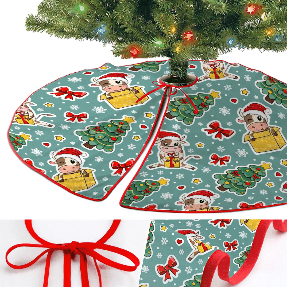 Cute Cartoon Cow In Santa Hat And Christmas Tree Christmas Tree Skirt Home Decor
