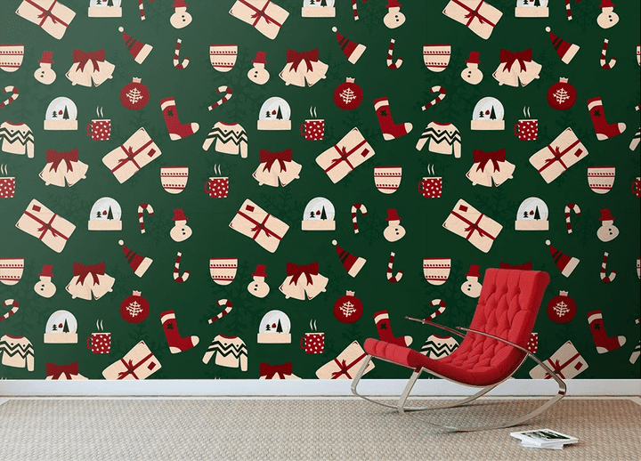 Cozy Christmas Costumes And Gift Boxes Bells Socks Candy Canes Wallpaper Wall Mural Home Decor