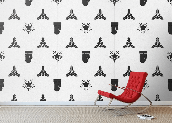 Bright Stars Holly Leaves Berries And Mittens Glove Icon In Black Wallpaper Wall Mural Home Decor