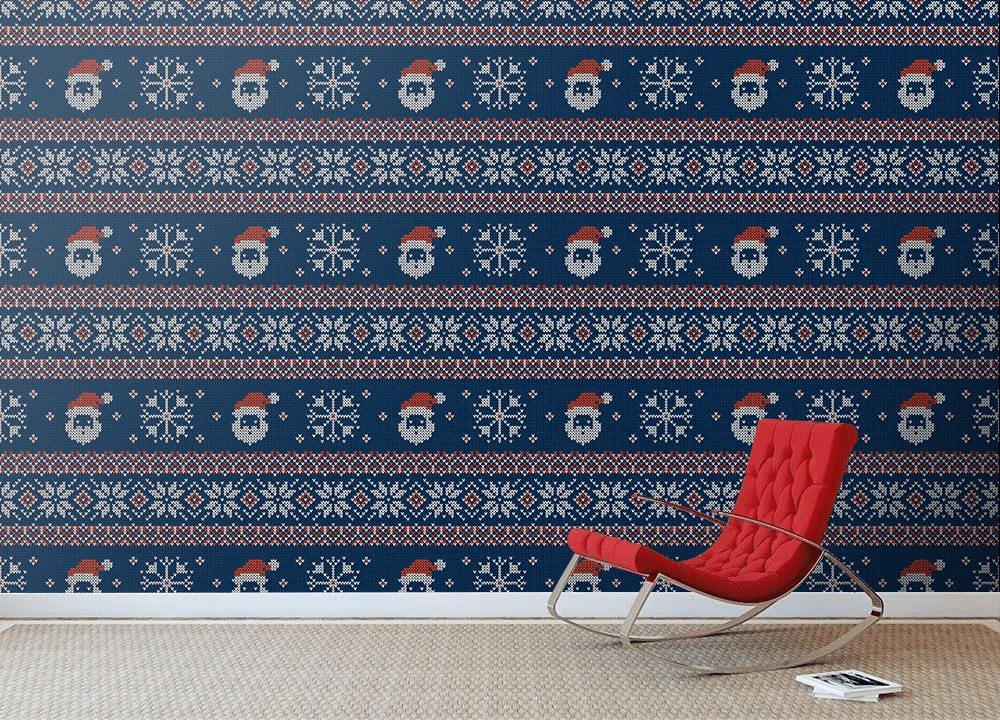 Christmas Knitted Pattern With Santa Clauses Snowflakes And Scandinavian Ornaments Wallpaper Wall Mural Home Decor