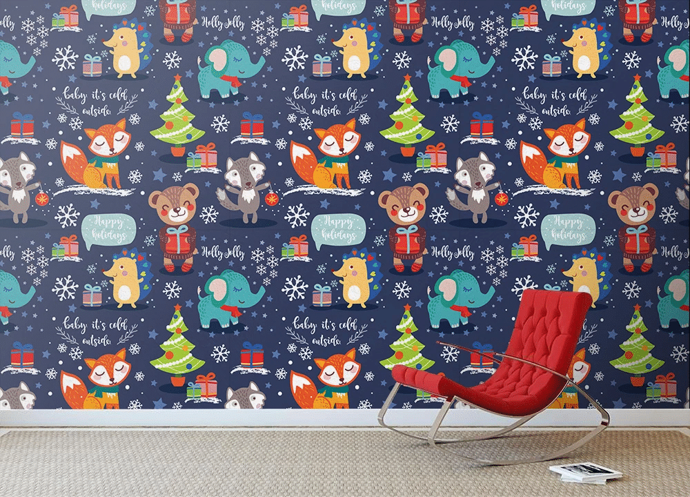 Christmas And New Year With Little Wolf Wallpaper Wall Mural Home Decor
