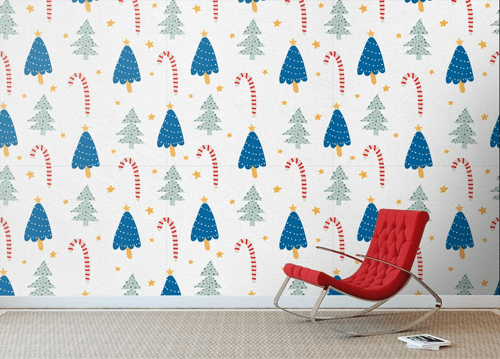 Christmas Tree With Yellow Star And Candy Cane Wallpaper Wall Mural Home Decor