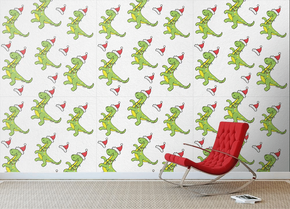 Christmas Dancing Dinosaur In A Santa Claus Hat Wallpaper Wall Mural Home Decor