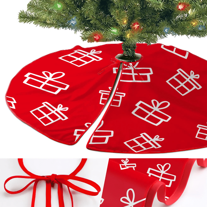 White And Red Gifts Box Hand Drawn Doodle Style Christmas Tree Skirt Home Decor