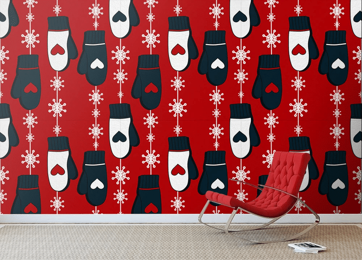Colorful Overlapping Backdrop With Snowflakes And Heart Mittens Wallpaper Wall Mural Home Decor