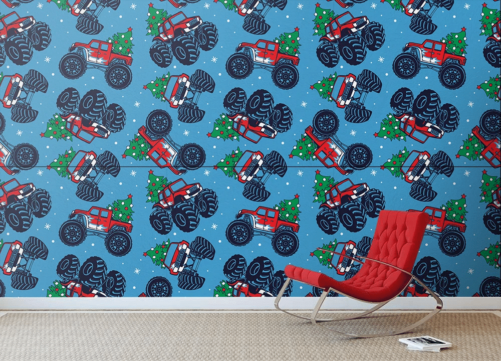 Illustrated Monster Truck Cars With Christmas Tree On Blue Background Wallpaper Wall Mural Home Decor