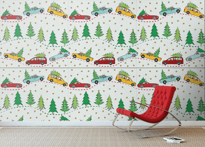 Funky Multicolor Winter Landscape With Cartoon Reindeers Cars And Trees Wallpaper Wall Mural Home Decor