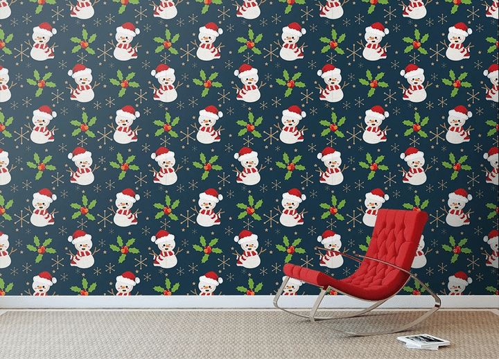 Baby Snowman In Red Scarf And Christmas Holly Wallpaper Wall Mural Home Decor