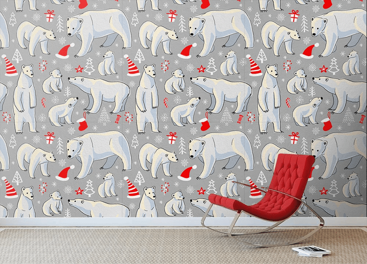 Theme Festival Christmas Red Hat And Polar Bears Wallpaper Wall Mural Home Decor