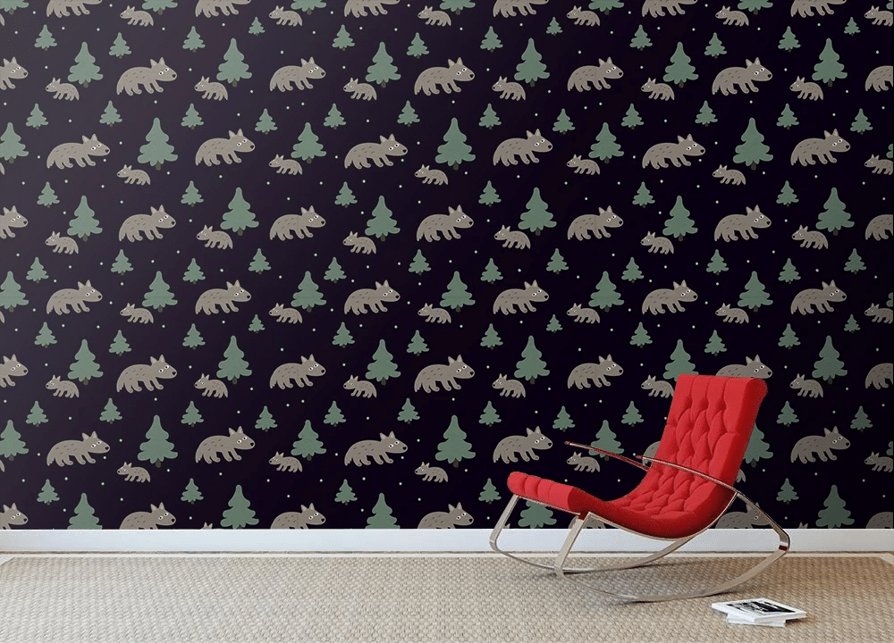 Wolf And Christmas Trees On A Black Background Wallpaper Wall Mural Home Decor