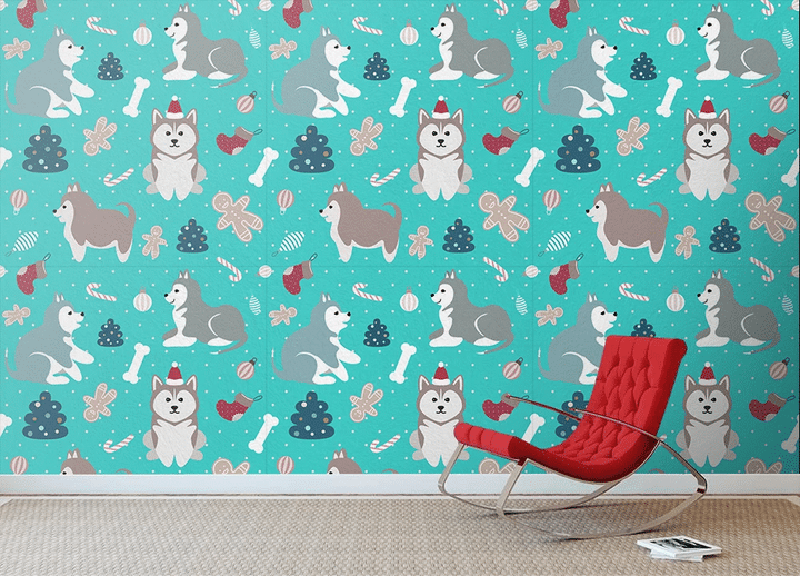 Light Blue Christmas With Cute Cheerful Husky Puppies Wallpaper Wall Mural Home Decor