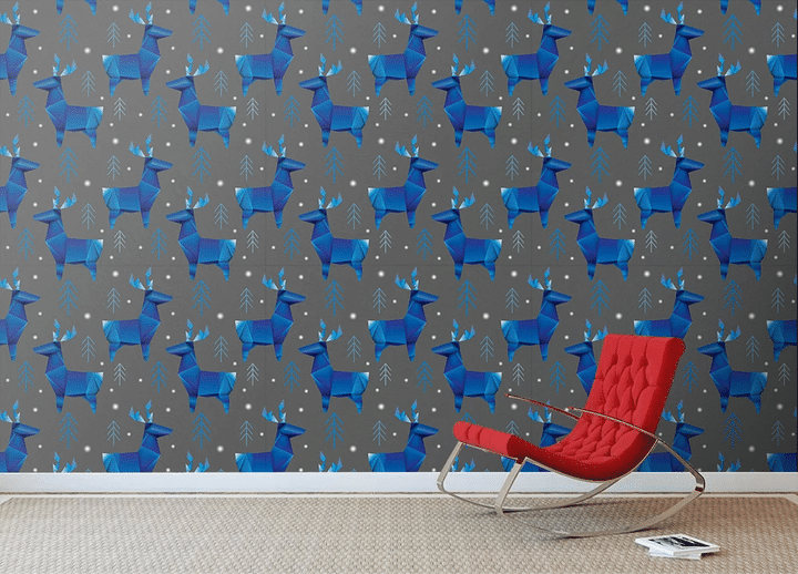 Christmas Winter Stylized Triangle Polygonal Blue Reindeer Wallpaper Wall Mural Home Decor