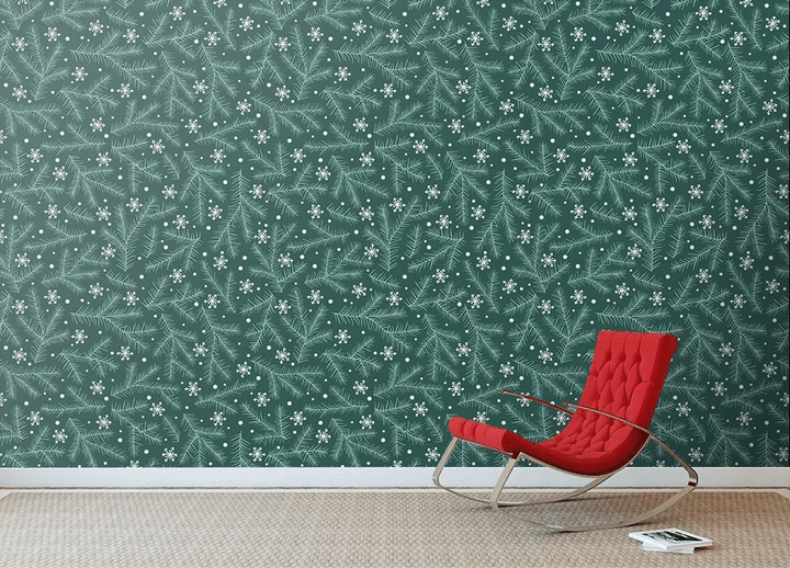 Rustic Christmas Forest With Snowflakes And Fir-tree Branches Wallpaper Wall Mural Home Decor