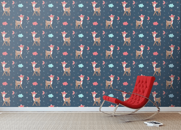 Christmas Winter Deer In Hats And Scarves Wallpaper Wall Mural Home Decor
