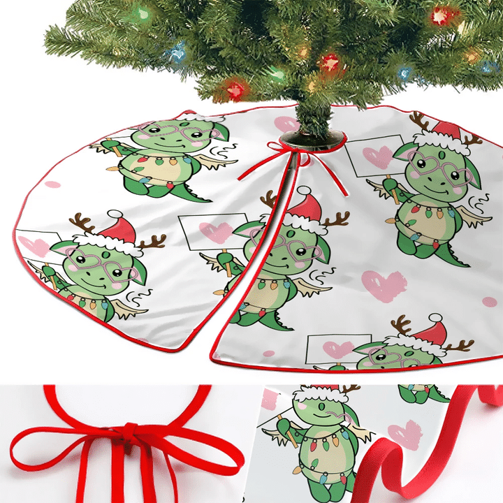 Cute Dragon Dinosaur In A Santa Claus Hat Christmas Tree Skirt Home Decor