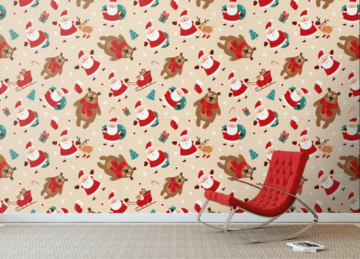 Christmas Pattern With Santa Claus Deer Bear And Gifts Wallpaper Wall Mural Home Decor