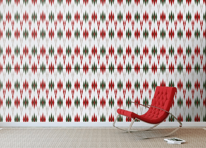 Folk Embroidery Red Green Christmas Tones Aztec Geometric Wallpaper Wall Mural Home Decor