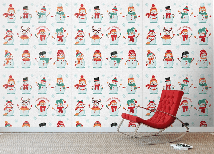 Merry Christmas With Happy Snowman In Hat And Scarf Wallpaper Wall Mural Home Decor