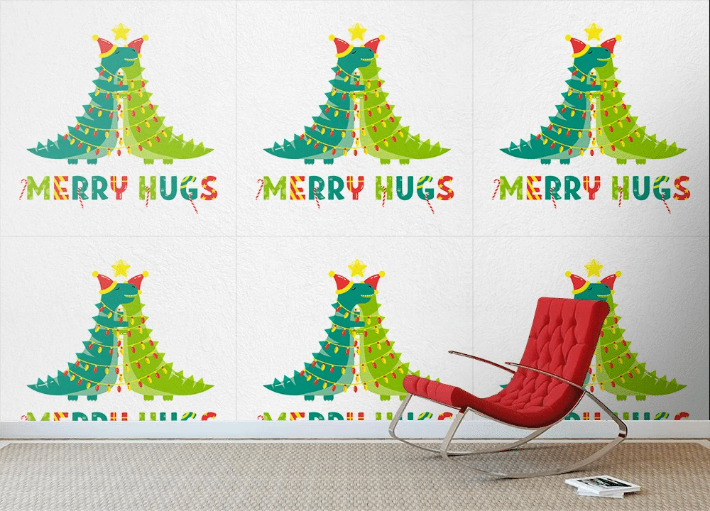 Cute Christmas Dinosaur Hugging Merry Hugs Wallpaper Wall Mural Home Decor