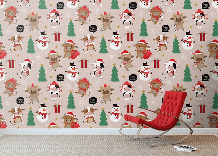 Cute Cow Animals Winter Costume And Snowflakes Trees Pattern Wallpaper Wall Mural Home Decor