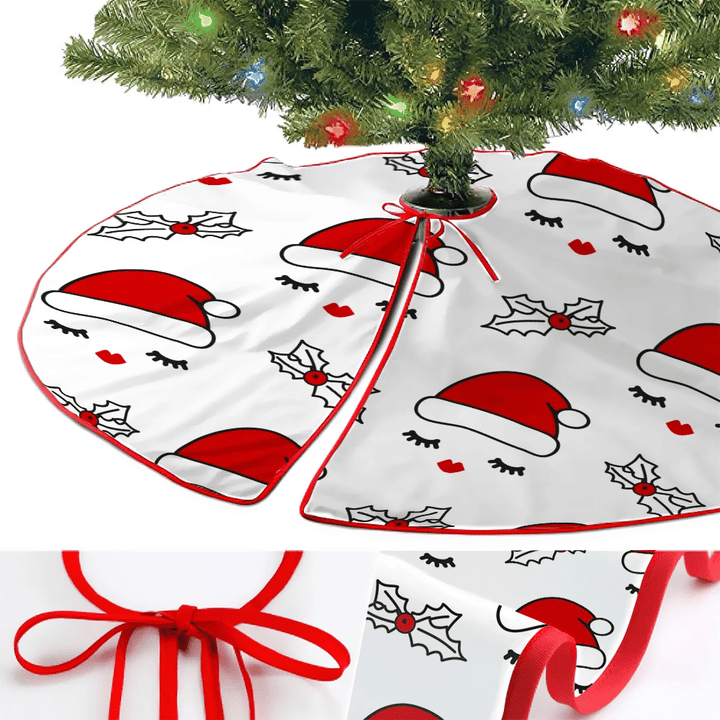 Christmas With Eyelashes Red Lips Santa Hats And Holly Christmas Tree Skirt Home Decor