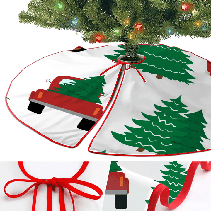 Red Trucks And Christmas Trees Isolated On White Background Christmas Tree Skirt Home Decor