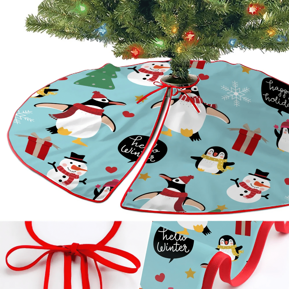 Theme Christmas Cute Penguin And Little Baby In Winter Costume Christmas Tree Skirt Home Decor