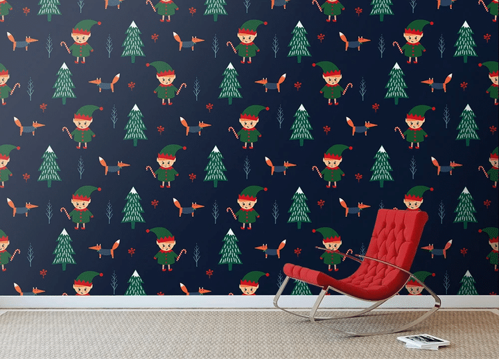 Naughy Boy Elf Gnome And Fox In Jungle Pattern Wallpaper Wall Mural Home Decor