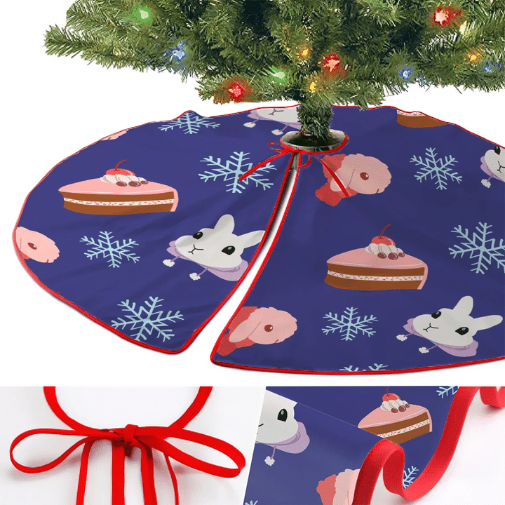 Cartoon Kawaii Rabbit With Cake Slices And Snowflakes Pattern Christmas Tree Skirt Home Decor