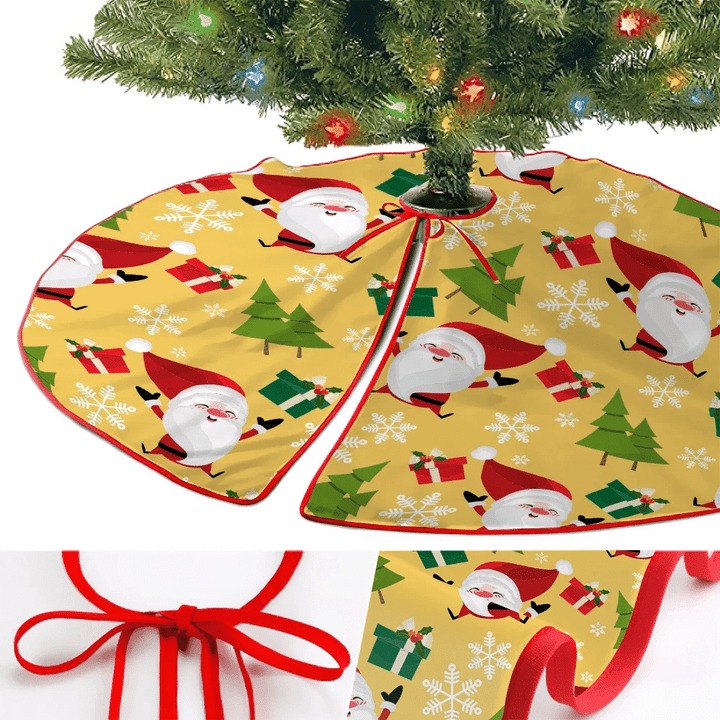Illustrated Happy Santa Claus With Gift Boxes Snowflakes And Trees Christmas Tree Skirt Home Decor