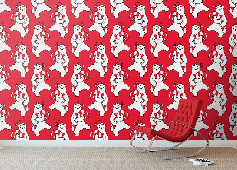 Theme Christmas Cute Bears Santa Claus Hat Candy Cane Cartoon Wallpaper Wall Mural Home Decor