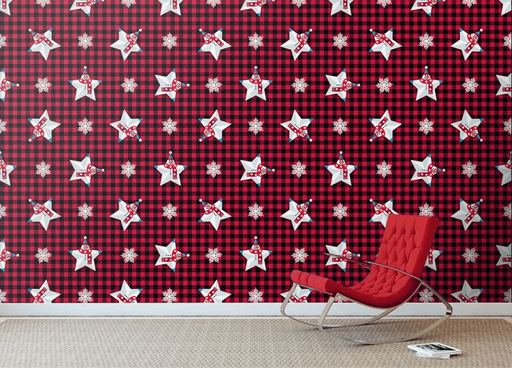 Five Point Star Snowmand And Snowflakes On Red Plaid Background Wallpaper Wall Mural Home Decor