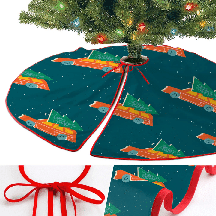 Rustic Style Orange Cars With Green Fir Trees Pattern Christmas Tree Skirt Home Decor