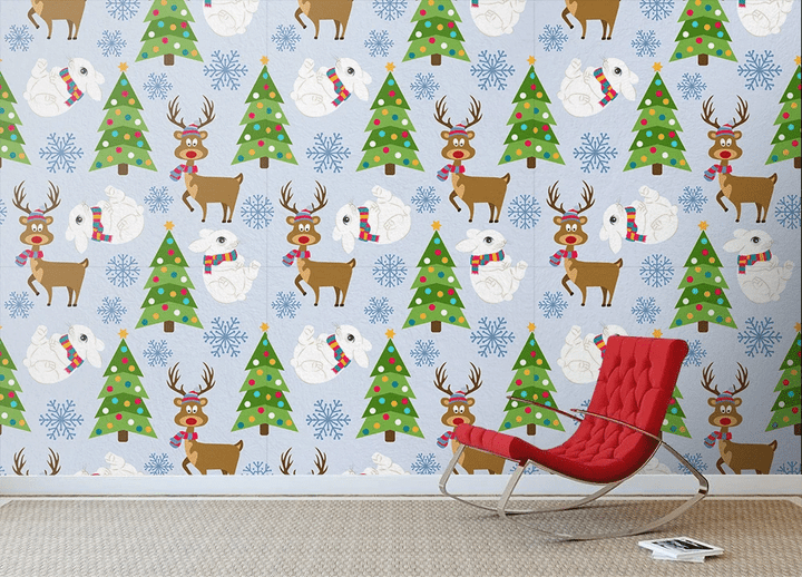 Polar Bears Reindeer And Christmas Tree Wallpaper Wall Mural Home Decor
