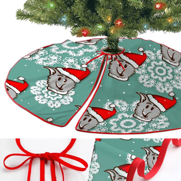 Christmas Winter Snowflakes And Red Hat Wolf Christmas Tree Skirt Home Decor