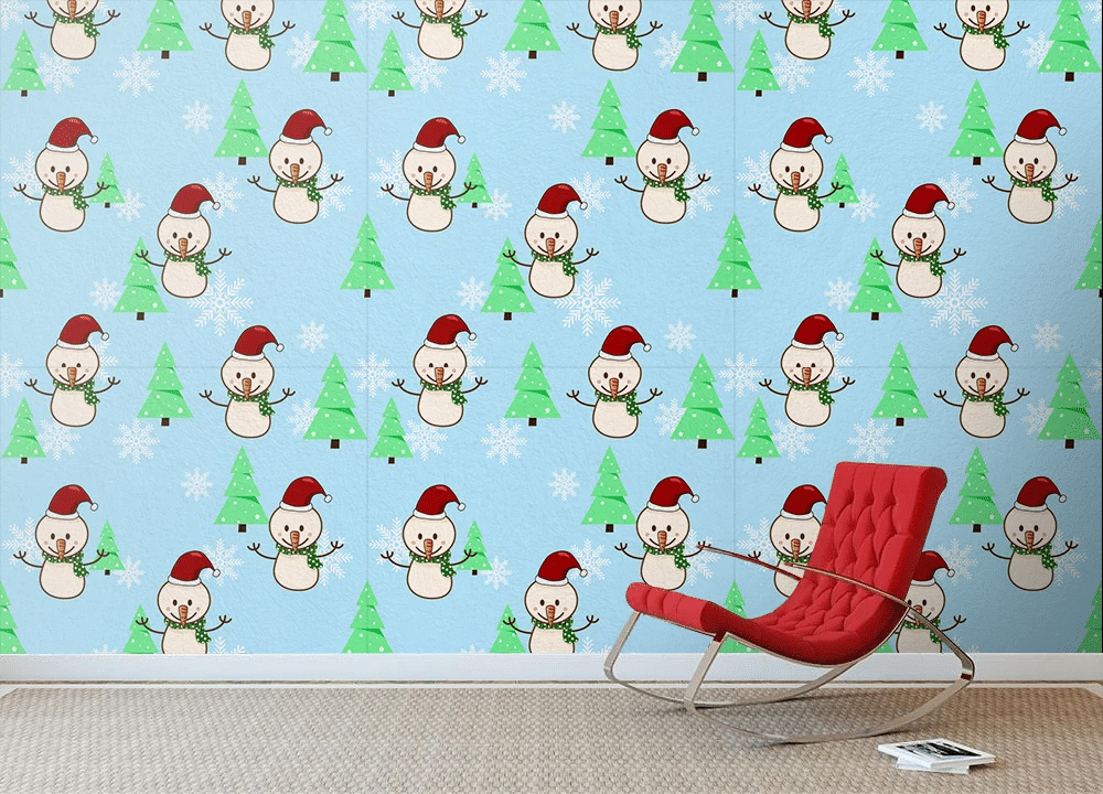 Snowman With Red Hat Christmas Tree And Snowflakes Wallpaper Wall Mural Home Decor
