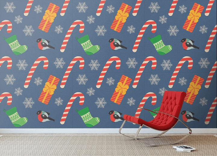 Christmas Candy Cane Gift Sock And Bullfinch Bird Wallpaper Wall Mural Home Decor
