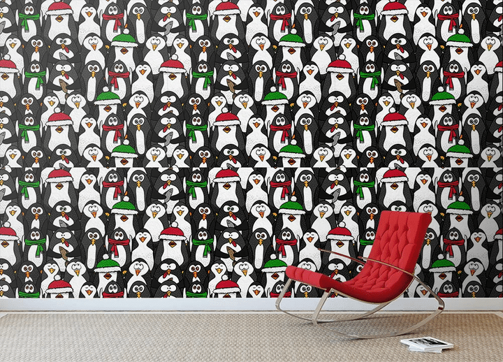 Christmas Winter Funny Black Penguins Cartoon Wallpaper Wall Mural Home Decor