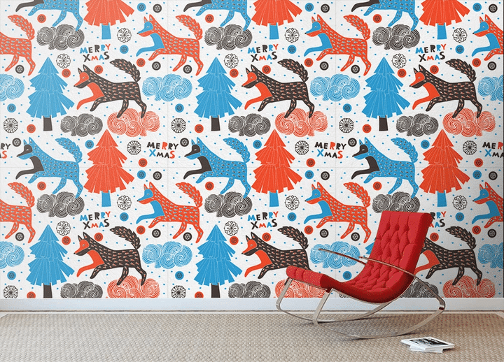 Christmas Trees And Wolf Tribal Cartoon Style Wallpaper Wall Mural Home Decor