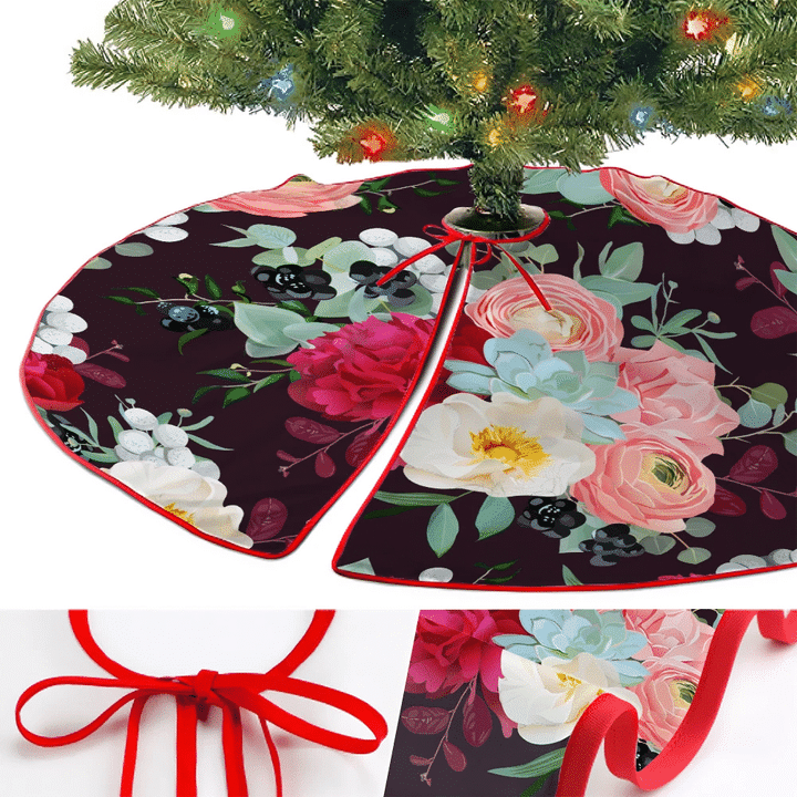 Winter Bouquets Of Peony And Black Berries Christmas Tree Skirt Home Decor