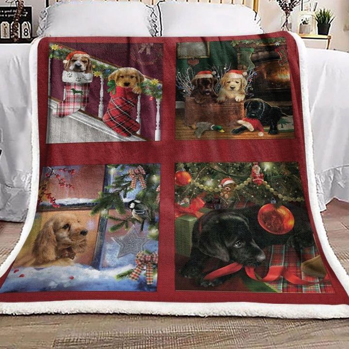 Red Background Puppy Christmas Tree Decoration Design Sherpa Fleece Blanket
