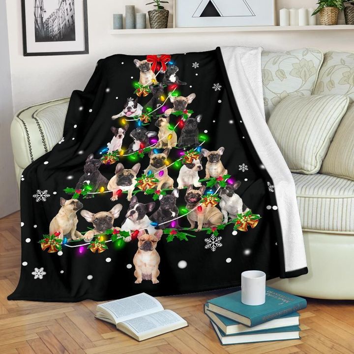 French Bulldog Christmas Tree Winter Holiday Decoration Design Sherpa Fleece Blanket