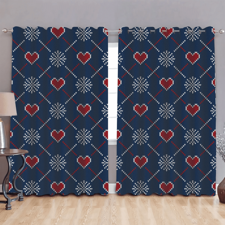 Winter Holiday Knitted Pattern With Heart And Snowflakes Window Curtains Door Curtains Home Decor