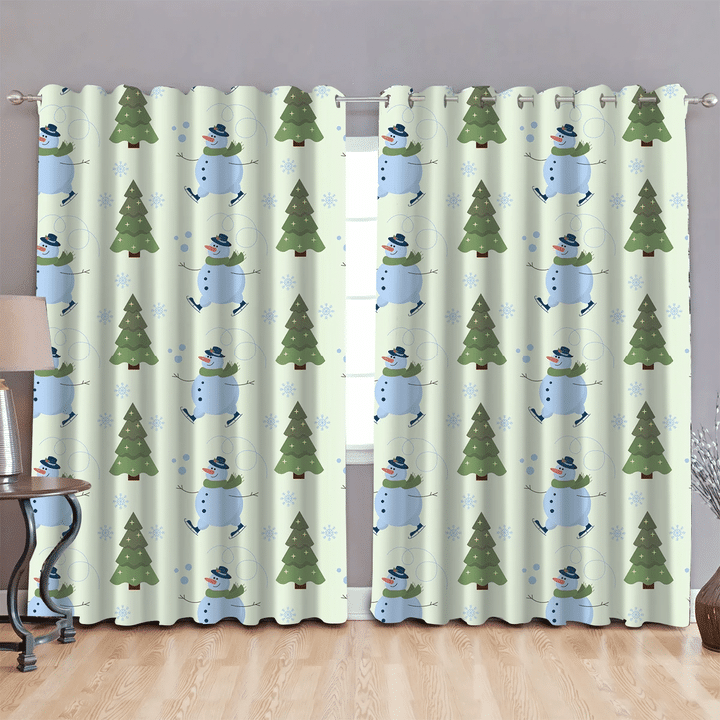 Snowman Skating Near The Christmas Tree With Snowflakes Window Curtains Door Curtains Home Decor