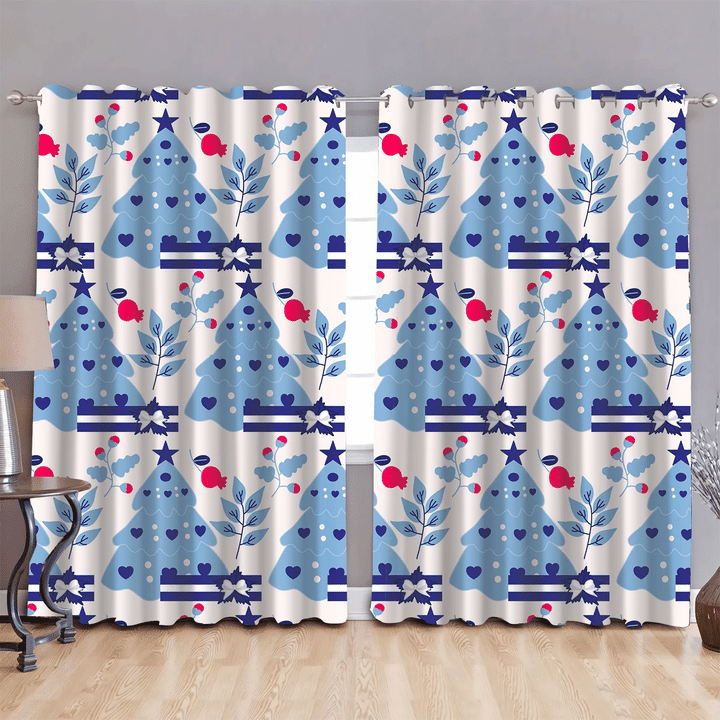 Blue Christmas Tree With Stars On Pink Background Window Curtains Door Curtains Home Decor