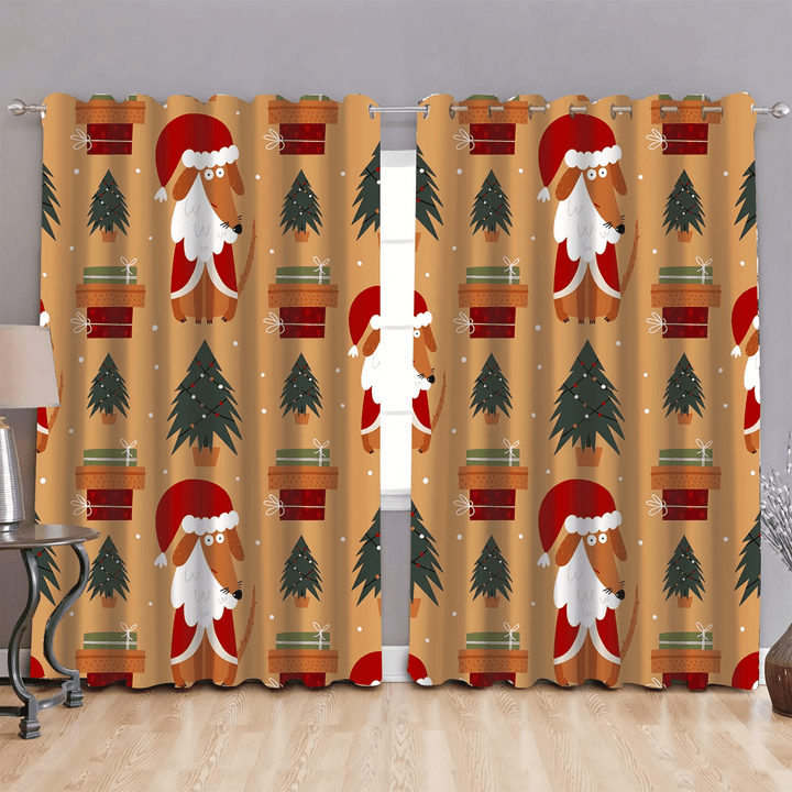 Christmas Background Dachshunds With Santa Claus Window Curtains Door Curtains Home Decor