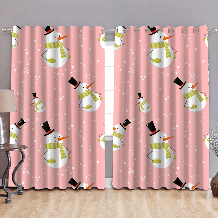Chritmas Snowman With Hat On Pink Background Window Curtains Door Curtains Home Decor