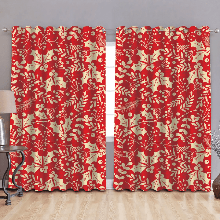 Christmas In Red Beige With Holly Leaves And Berries Window Curtains Door Curtains Home Decor
