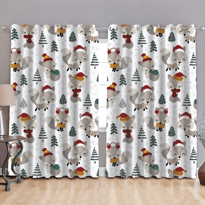 Christmas Little Wolf In Spruce Forest On White Window Curtains Door Curtains Home Decor